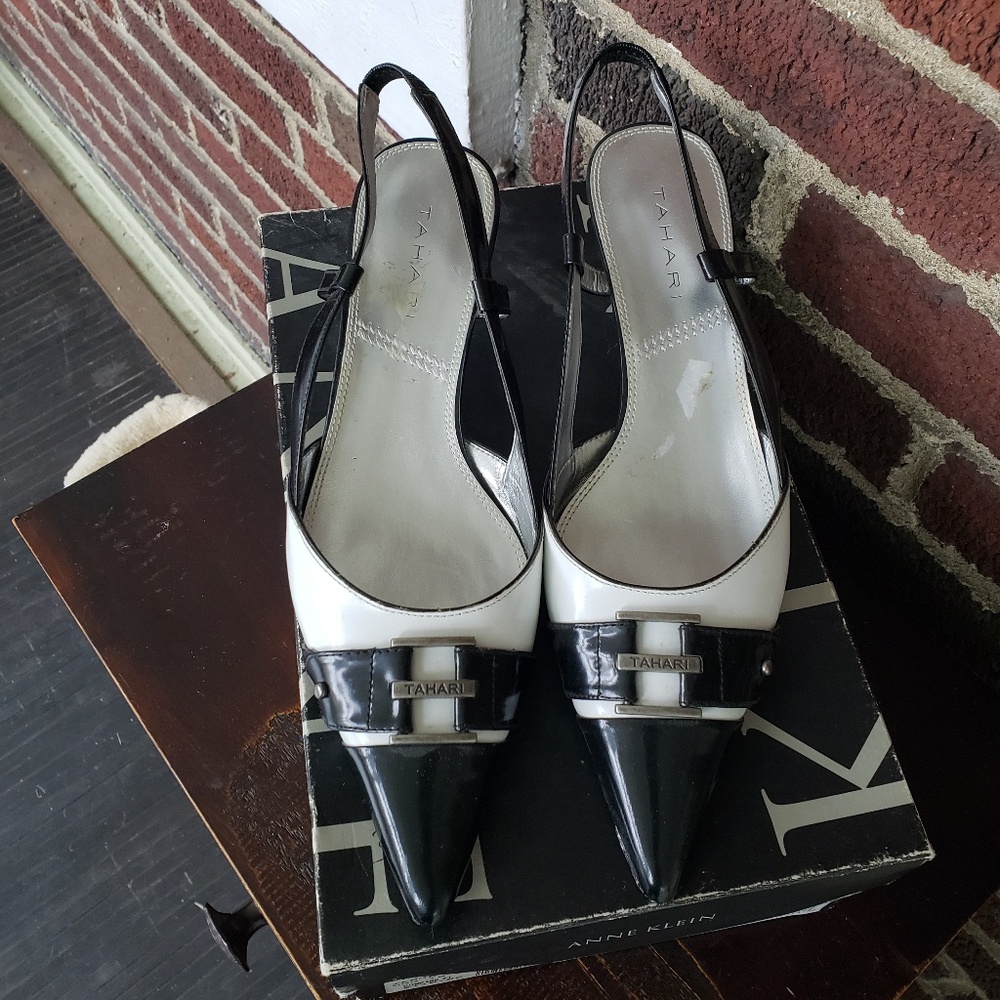 Tahari Black and White Leather Slingbacks